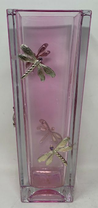 Moser Clear Crystal Glass Pink Vase With Dragonfly Figurines 3