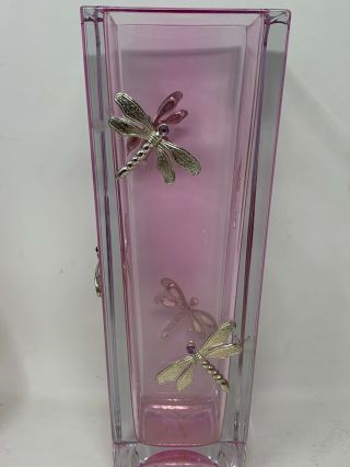 Moser Clear Crystal Glass Pink Vase With Dragonfly Figurines 4