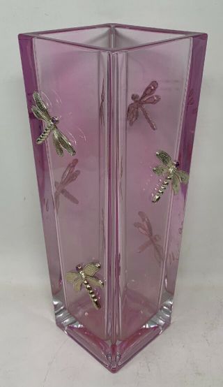 Moser Clear Crystal Glass Pink Vase With Dragonfly Figurines 5