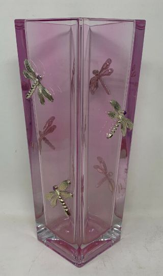 Moser Clear Crystal Glass Pink Vase With Dragonfly Figurines 6