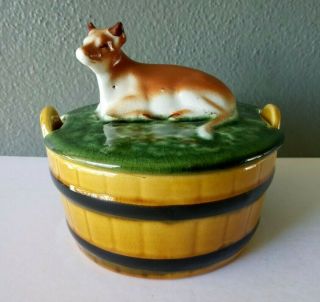 Secla - Vintage Portuguese Pottery Round Butter Dish W/ Cow Lid - Portugal