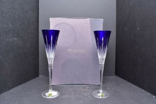 Waterford Crystal Lismore Diamond Cobalt Blue Champagne Flutes Pair - / Box