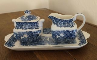 Enoch Wedgwood Tunstall Blue & White Creamer - Sugar Bowl - Tray,  Woodland,  England
