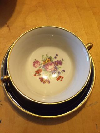 Syracuse China Cobalt Blue Old Ivory Cream Soup & Saucer With Flowers