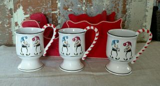 Pfaltzgraff Penguin Skate Pedestal Coffee Mugs Set Of 3 Candy Cane Handles Euc