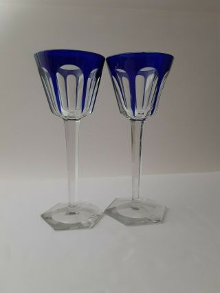 Baccarat Crystal Harcourt (1841 -) Set Of 2 Royal Blue Wine Glasses 7 3/8 "