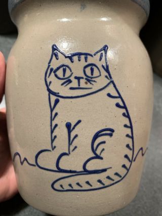 Bbp Beaumont Brothers Pottery Salt Glazed Hand Painted Blue Cat Stoneware Crock
