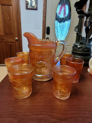 Dark Marigold Northwood Carnival Glass Peacocks At The Fountain 7 Pc Water Set