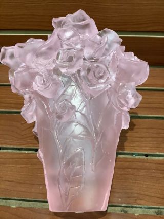 Magnificent Pate De Verre Pink Rose Vase 19/19/22cm Heavy 6.  8 Signed France back 5