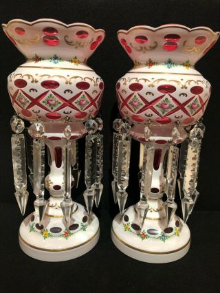 Pair Moser - Style Bohemian Czech White Cut To Cranberry Mantle Lusters W/prisms