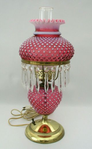 Fenton Cranberry Opalescent Hobnail Gone With The Wind Lamp W/ Hanging Prisms