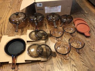 21 Pc Visions Visionware Vintage Amber Glass Corning Ware Cookware Nib