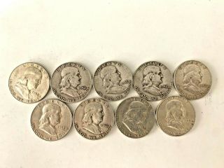 9 Total 1952 - S Ben Franklin Silver Half Dollars 90 Silver