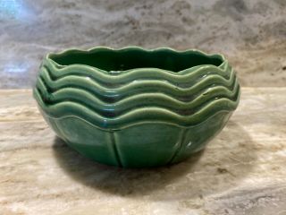 Mccoy Usa Pottery Green Planter Bowl Ruffled Wavy Rim Scallops 8 In Diameter