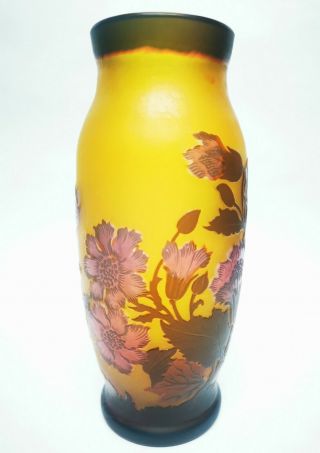 Emile Galle style Tip Cameo Glass Vase floral design Amber Colours Vintage 5
