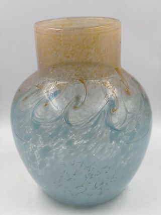 Monart Vintage Glass Vase Early 1900’s Stunning Amber Turquoise Swirl Gold