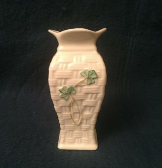 Belleek Ireland Shamrock Bud Vase,  Basketweave Porcelain,  White,  4.  25 - Inches