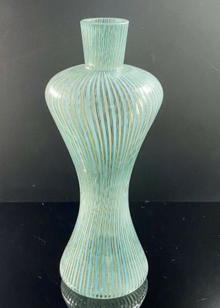 C1950s Fratelli Toso Attrib Murano A Canne Striped Green & Lattimo Corset Vase