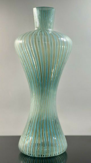 C1950s Fratelli Toso Attrib Murano a Canne Striped Green & Lattimo Corset Vase 5