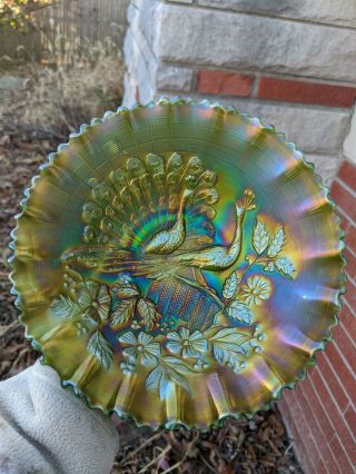 Northwood Carnival Glass Peacocks On The Fence Bowl Green