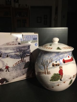 Folk Craft Winter Side By Tienshan Cookie Jar W/lid