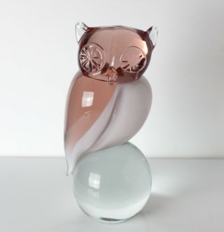 Vintage Renato Anatra Murano Art Glass Owl Sculpture,  Rose Colored Clear