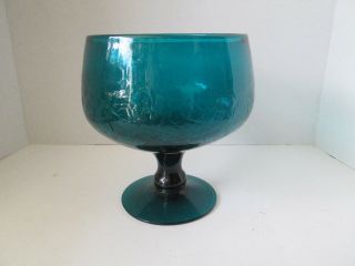 1x - Vintage 8 " Tall Blenko Art Glass Teal Blue Green Crackle Open Candy Compote