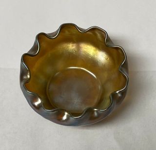 Signed LCT Favrile Louis Comfort Tiffany Gold Blue Iridescent Scalloped Bowl 4” 2