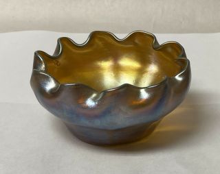 Signed LCT Favrile Louis Comfort Tiffany Gold Blue Iridescent Scalloped Bowl 4” 3