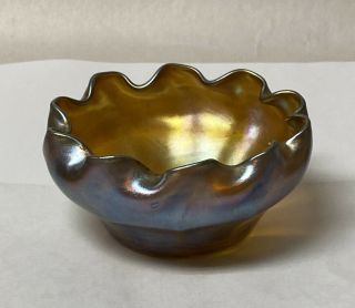Signed LCT Favrile Louis Comfort Tiffany Gold Blue Iridescent Scalloped Bowl 4” 4