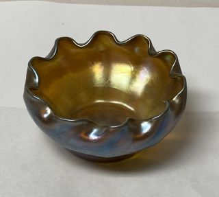 Signed LCT Favrile Louis Comfort Tiffany Gold Blue Iridescent Scalloped Bowl 4” 5