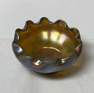 Signed LCT Favrile Louis Comfort Tiffany Gold Blue Iridescent Scalloped Bowl 4” 6