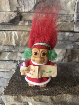 Troll Doll Christmas Ornament By Russ 3” Red Hair Brown Eyes Christmas Caroler