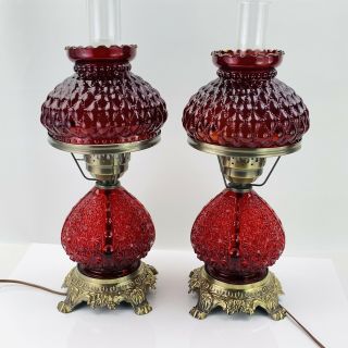 Vtg Fenton Ruby Red Glass Gwtw Hurricane Table Lamp Set Pair 20” Quilted Button