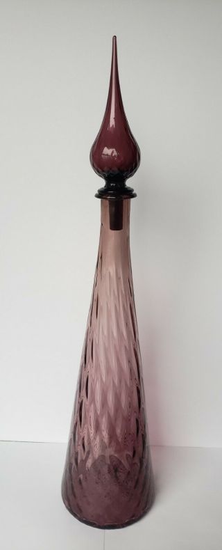 Amethyst Vintage MCM Empoli Purple Quilted Glass Genie Bottle Decanter 24 1/2 