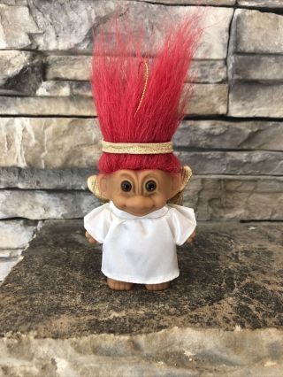Christmas Troll Doll Ornament By Russ 3” Red Hair Brown Eyes Angel