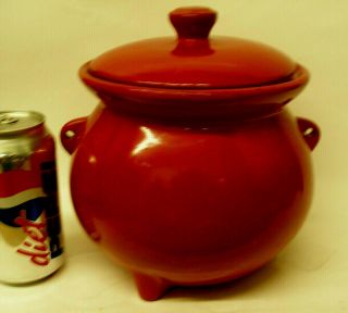 Vintage Mccoy Art Pottery Cauldron Kettle Bean Pot & Lid - Bright Red Cookie Jar