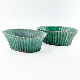 Pair Mid Century Modern Mcm Vintage Ceramic Glazed Green Oval Ribbed Planters