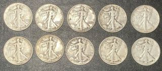 Ten 90 Silver Walking Liberty Half Dollars 1935 - 1945 $5 Face Value