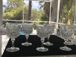Antique Set 6 American Brilliant Cut Glass Crystal 8” Wine Goblets