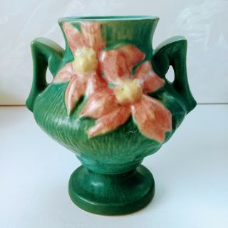 Vintage 1940s Roseville Pottery 6 " Clematis Green Vase Usa Red Flowers