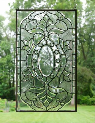Stunning Handcrafted All Clear Stained Glass Beveled Window Panel,  20 " X 34 "