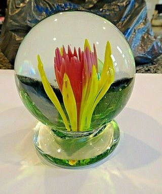1968 Joe Zimmerman Art Glass Crimp Crocus Flower Paperweight Pedestal Footed
