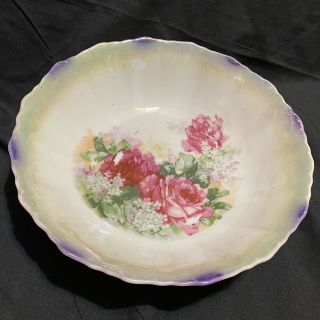 Vintage Made In Germany Floral Serving Bowl 8” Roses Iridescent