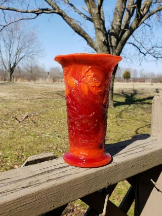 Fenton Mandarin Red / Flame Peacock Garden Vase 8 "