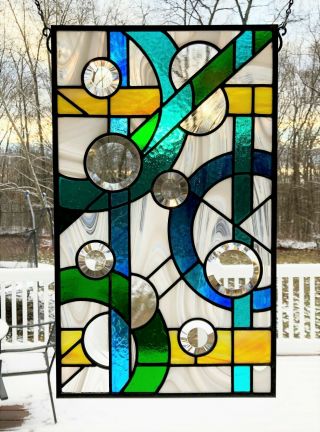 12 " X20 " Leaded Stained Glass Panel Abstract Linear And Circular Multi - Colors