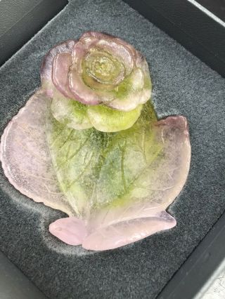 NIB Daum France Crystal Pate De Verre Pink & Green Rose Flower Trinket Ring Dish 2