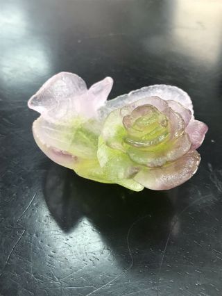 NIB Daum France Crystal Pate De Verre Pink & Green Rose Flower Trinket Ring Dish 4