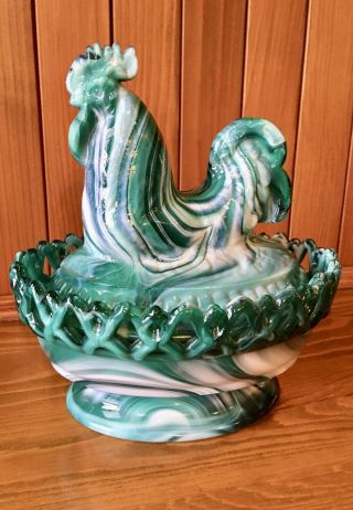 Gorgeous Large Imperial Green White Slag Glass Rooster Hen On Nest Covered Dish