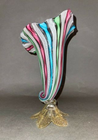 Mcm Italian Murano Latticino Ribbon Cornucopia Art Glass Vase W Leafy Base 10 "